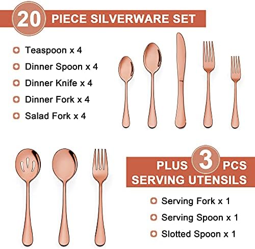 Сет за сребрени производи од 23-парчиња од 23 парчиња со прибор за сервирање, рамен прибор за сребро од не'рѓосувачки челик, поставен за 4, елегантните