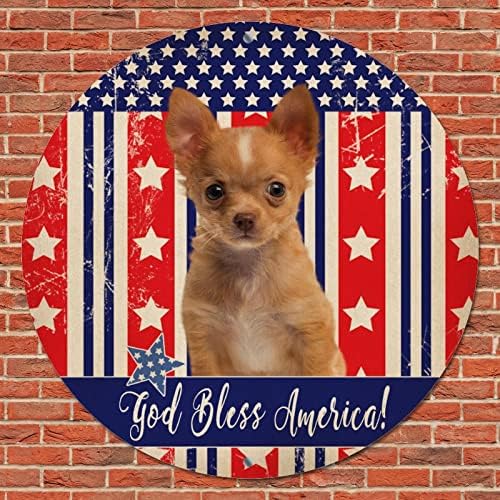 Смешно тркалезно кучиња метални калај знаци Патриотски САД знаме Бог да ја благослови Америка ретро венец знак миленичиња кучиња