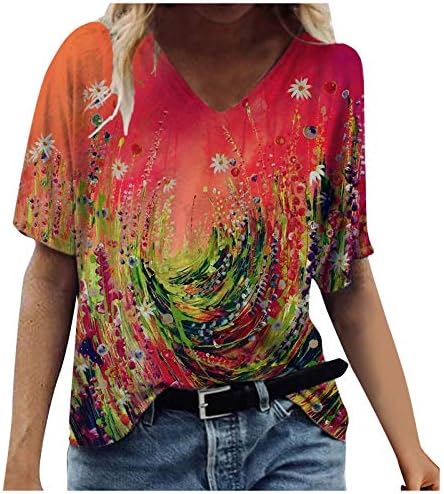 Womenените врвови лабава маица лето печатено кратко ракав со маица со врата од врата, обични облечени блузи, врвови на жените облека