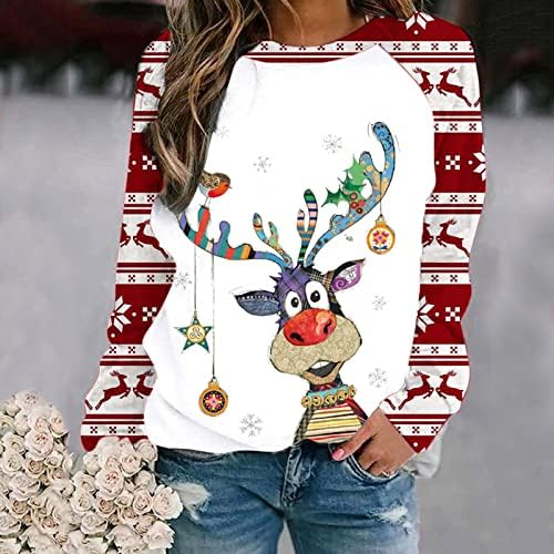 Божиќни кошули со долг ракав за женски обични џемпери за џемпери шарени ирваси од ирваси за снегулка од снегулка, врвови за туника, пулвер