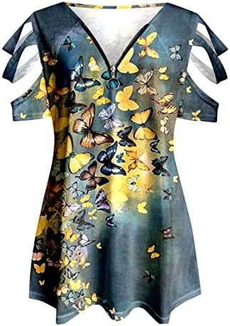 Fragarn Puterfly Print Tops за жени ладно рамо шупливо кратко ракав маичка лето v-вратот патент плетенка проточна блуза мета