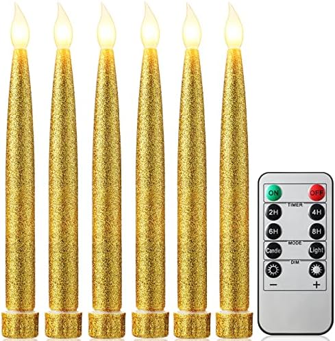 6 парчиња злато LED Flumless Taper Candles Flickering со далечински и тајмер електричен сјај прозорец со свеќници на прозорецот управувана 7,5