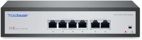 Todaair 6 Port Ethernet POE Switch | 4 POE + пристаништа + 2 Uplink @75W | 100mps | 802.3af/at | VLAN режим | Приклучете и играјте