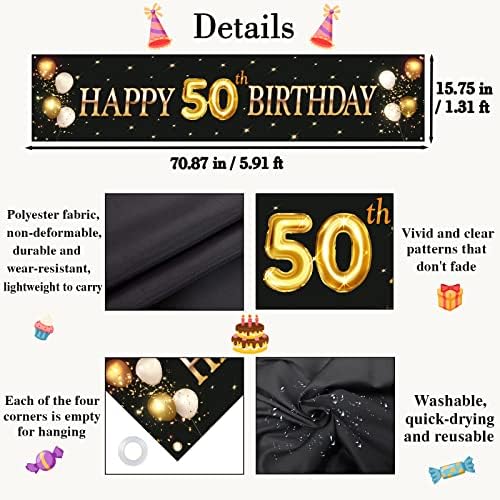 Кимини -Ки Среќен 50 -ти роденденски банер, лагер 50 -ти роденденски банер позадини, 50 -ти години декор, 50 -ти роденденски украси за мажи или жени - црно и злато
