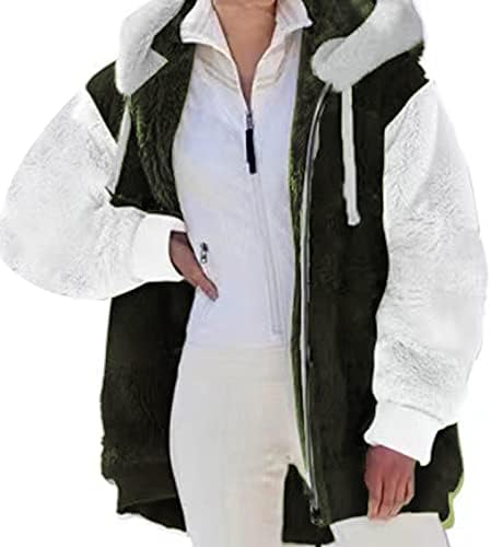 Женски зима 2023 година руно палта, зимска парка јакна лабава плишана долга ракав патент со качулка со џебови со џебови