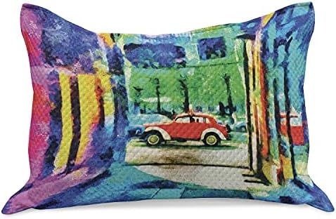 Необичен психоделичен плетен ватенка перница, шарен премин психоделичен уметност ретро автомобил што се движи на патот кон градскиот