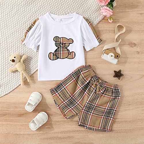 Yoxindax Kid Toddler девојки летна облека облека карирана панел мечка печатење на врвот и лак предни шорцеви 2 парчиња сет