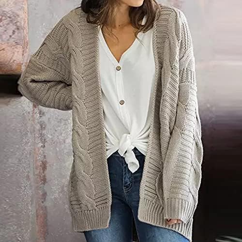 Цврсти долги кардигански џемпери за жени џебови Чунки кабел плетено палто со долг ракав паѓаат топло пријатно лабава отворена предна надворешна