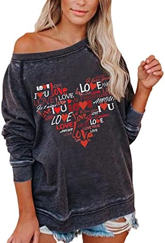 Жените Симпатична Љубов Срце Печатење Блузи Графички Долг Ракав Среќен Денот На Вљубените Кошули Пуловер Блуза