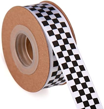 Meseey 4 ролни вкупно 20 јарди црна и бела сатенска лента за печатење лента со лента за трки со автомобил, печатена карирана бивол