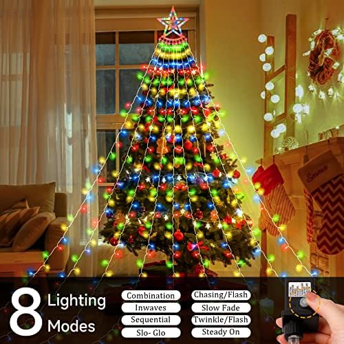 Божиќни украси на отворено светла, 350 LED диоди 8 режими Божиќни светла, светла за новогодишни елки со вртење на дрвја, водоотпорни светла за