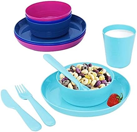 Klickpick Home Plastic Dinestare Setter од 24 парчиња 4 бои за деца за вечера за деца, детски чаши, детски чинии, детски чинии, сет