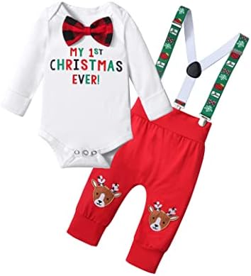 Канганг Моето прво божиќно момче облека 2 парчиња, Божиќни ромници за бебиња + панталони за ирваси