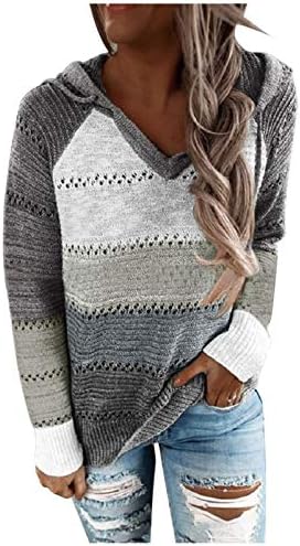 Fireero ouldies за женски блок во боја, шарени џемпери од џемпери со долги ракави, плетени пулвер, качулка, врвови на качулка