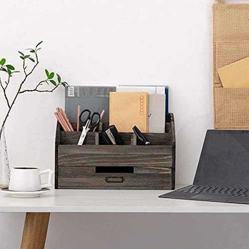 Рустикален дрвен канцелариски биро Организатор 5 оддел со 2 фиоки и контра домашни таблети за десктоп пошта, складирање за тетратки