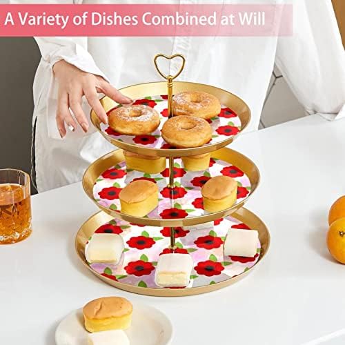 3 нивоа десерт штанд со кекс овошна плоча пластична служба на држач за приказ за свадба роденден за бебиња туш чај украси, црвени