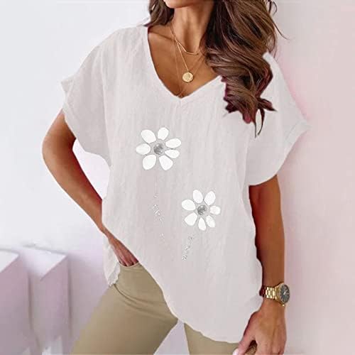 Памучни постелнини врвови за жени против вратот со краток ракав Туника Трендовски маици за печатење на цвеќиња летни обични основни