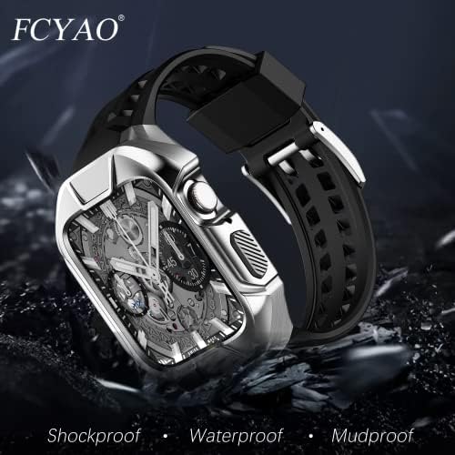 FCYAO бендови компатибилни со Apple Watch Band Series 7/6/SE/5/4 45mm 44mm мажи, солиден механички случај од не'рѓосувачки челик со воена