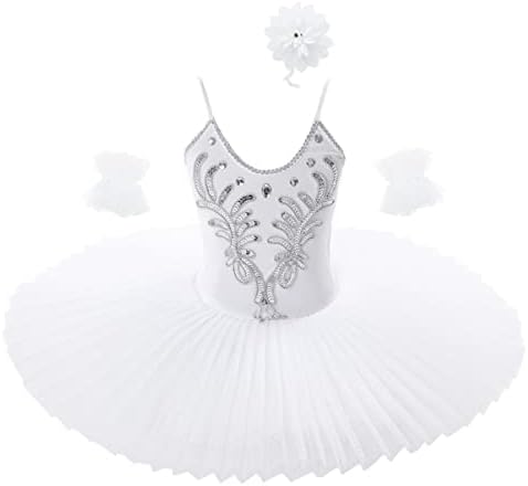 Yoojia Девојки девојки Лебедово езерски костум балетски танц туту фустан продолжен танц леотард со сет на клип за коса без прсти