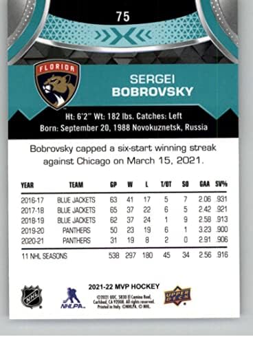 2021-22 Горна палуба MVP 75 Сергеј Бобровски Флорида Пантерс НХЛ хокеј за трговија со хокеј
