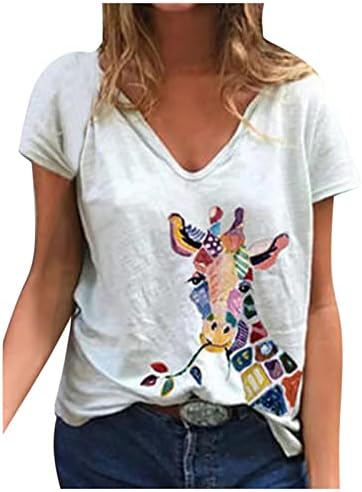 Плус големина врвови женски разнобојни жирафа симпатични врвни маици лето 2023 трендовски маички кошула мода обичен тренинг јога