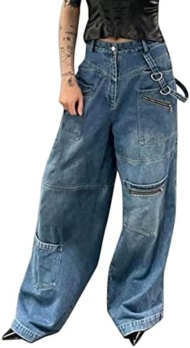 Миашуи дизајнер широки панталони за нозе за женски американски стил мулти џеб патент прават стари фармерки чизат панталони за панталони за