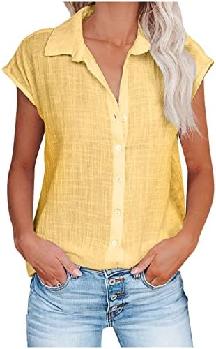 Лабава вклопена опуштена фит блуза Девојки Краток ракав 2023 Постелнината Памук Бранч Основен асиметричен Топ маица за жени