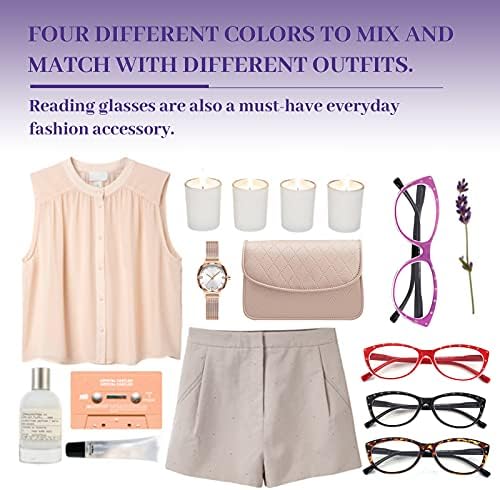 Луф очила за читање за жени со сино светло блокирање, 4 пара 4 Елегантни компјутерски очила во боја со дијамант за замаглување,