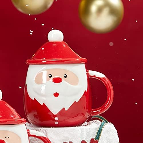 Дедо Мраз Дедо Мраз, Божиќна празник, среќна кригла со лажици и капа на капачето на Санта - Керамичка микробранова и машина за миење садови - Безбеден