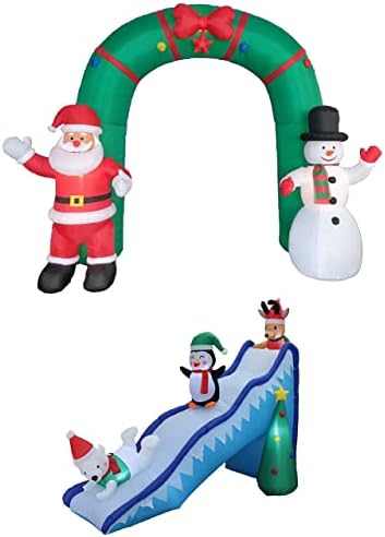 Два божиќни украси за украси, вклучуваат 10 нозе високи огромни надуени надуени санта Клаус Снежен човек лак на лак, и 9 нозе долги надуени