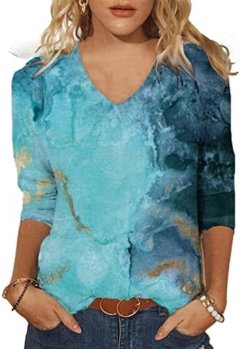 Летни врвови за жени мода низ цела печатена маица V вратот со средна должина 3/4 ракави Блуза Обични кошули