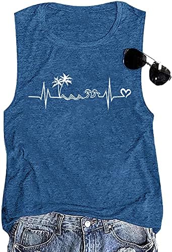 Врво на резервоарот за плажа за жени обични летни графички маички без ракави, смешни срцеви печатени тренинзи, маици за одмор