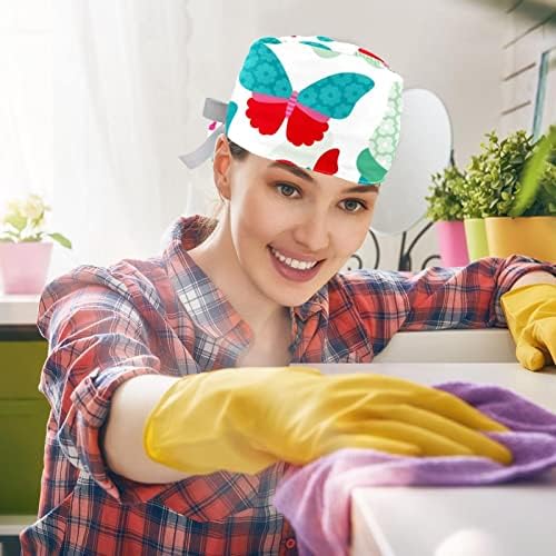 2 ПЦС медицинска сестра за чистење жени со долга коса, прилагодлива за работна капаче за пеперутка со копче и џемпери разнобојно