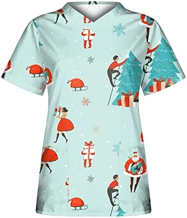 Chrign'sенски моден Божиќен печатење на врвови на блуза класичен V-врат Краток ракав работна облека за медицинска сестра униформа