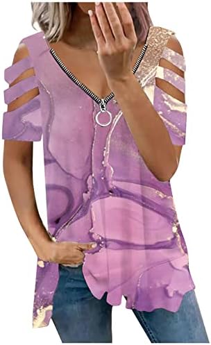 Плус големина на врвови за жени V-вратот Половина патент до ладно рамо цветни врвови летни обични кратки ракави лабави збирки блузи