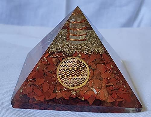Лесна продавница Екстра голема 70-75 мм Црвен Јаспер камен оргон Пирамида цвет на живот за лекување скапоцен камен генератор ЕМФ