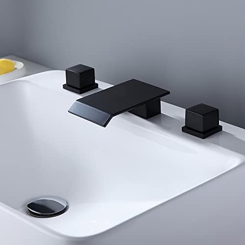 Булукс водопад тапа за бања во мат црна 3-дупка со двојни квадратни рачки широко распространета црна бања мијалник за мијалник цврст месинг
