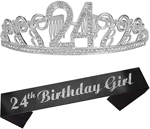 Shion2Tobe 24 -ти роденден Саш и Тијара за жени - Чудесен сет: Сјајот Саш + бранови Rhinestone Silver Premium Metal Tiara за жени, 24 -ти