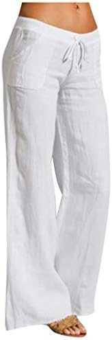 Женски обични памучни панталони за постелнина се релаксираат вклопуваат еластична половината исправена нога удобна цврста боја салон со