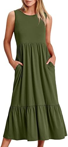 Фустани за допок за жени 2023 летни шпагети каиш плоштад вратот облечен обичен линиски плажа макси долга фустан со џебови