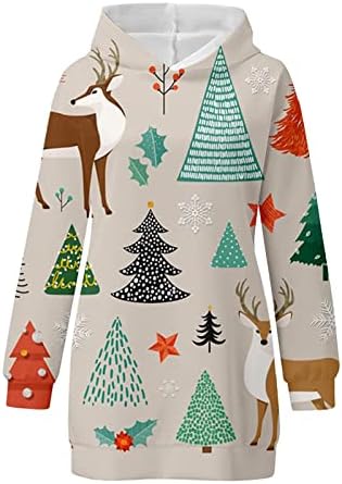 Женски дуксери фустан 2022 мода долги ракави Божиќни печати за џеб со џеб Божиќна обична пуловерска тоника врвови