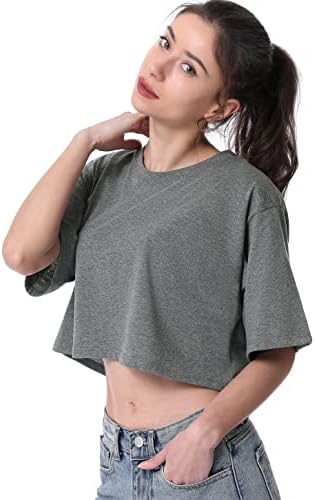 Пријатни маици за памучни култури со пиро 4-пакувања кратки ракави солиден исечен атлетски врвен врат на вратот, обичен тренинг јога
