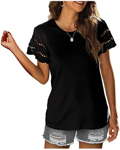 Nxxyeel жени кошули со тркалезен врат цврста боја маица кратки ракави летни обични маички кошула чипка ракав Туника на врвови