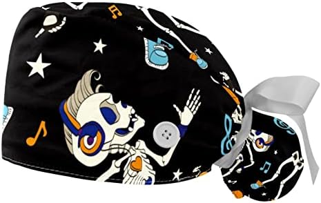 Јидакс 2 парчиња смешни скелети танцуваат музички белешки работна капа со копчиња, прилагодлива буфантска капа со држач за конска опашка