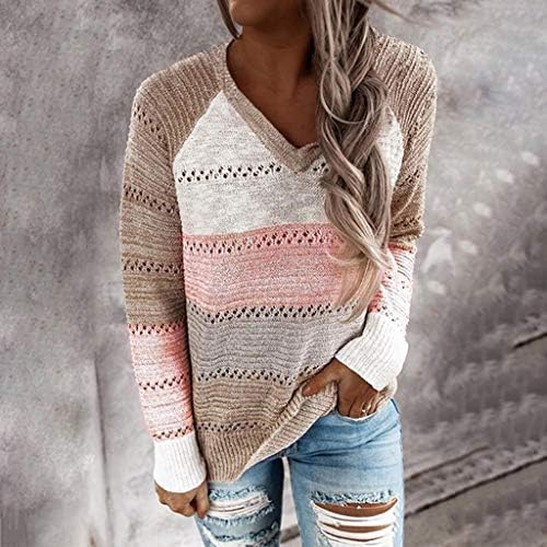 Muduh џемпери за жени исечени V-вратот шулеа лабава лесна обична боја на контраст на боја со долг ракав моден пуловер