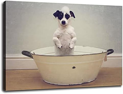 Постери за кучиња за кучиња Симпатична црно -бело куче стои во кадата платно печати wallидна уметност за украси за домашни канцеларии