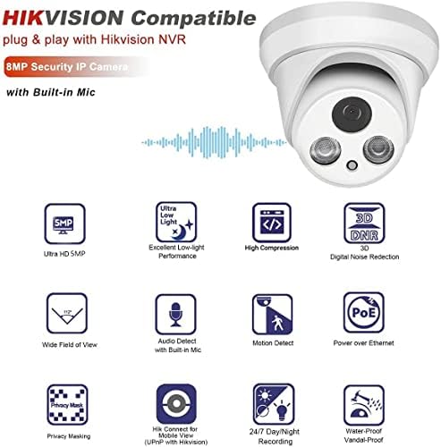 Ultra 5MP POE камера, Plug & Play со Hikvision, 5MP Security IP-бедем камера со вграден микрофон, 98ft EXIR Night Vision, WDR, откривање