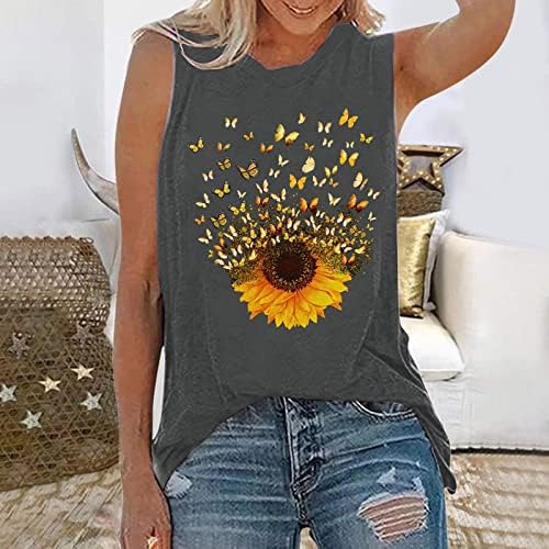 Miashui Satin Top Women Lutture Top Sunflower Print O вратот без ракави маица врвни елеци од блуза моден случајен бенд Топ Топ