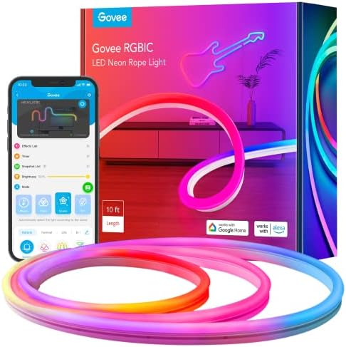 Govee 10ft Neon Rope Lights Работете со Alexa, DIY дизајн, Bunder Music Sync Box Bluetooth Group Control 7 уреди