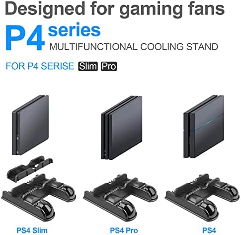 PS4 Стојат Ладење Вентилатор Станица За Playstation 4 / PS4 Слим/PS4 Про, PS4 Вертикална Штанд СО Двојна Контролер Порта Полнач Приклучок Станица, 12 Игра Слотови, USB Брзо Полнење